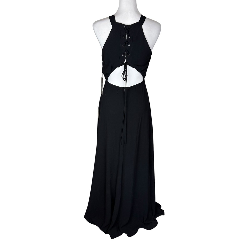 Lulus Black Halter Lace-Up Open Back Maxi Dress Super Starlet Womens Medium NWT
